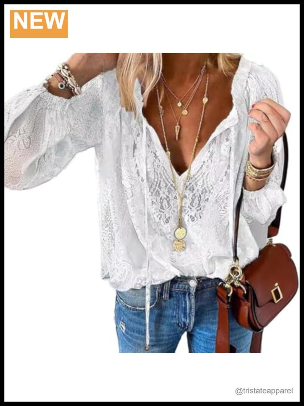 Women's Lace Long Sleeve Blouse Tie Front V-Neck Floral Crochet Boho Top